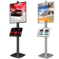 Euro-Style POSTO-STAND is 6 FEET Tall and displays a single sided 22x28 snap frame for posters along with a metal brochure holder, tilted at 25 degree angle
