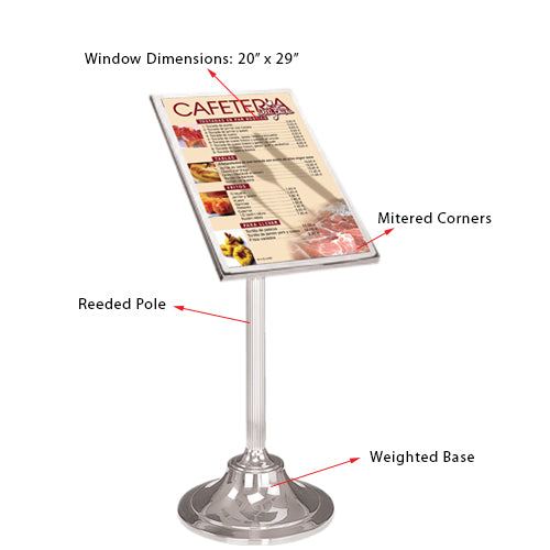 ULTRA-LUXURY Tilted Menu Sign Stand Display is Solid Polished Stainless Steel with a Polished Mirror Finish. Viewing Window Displays 20" Wide x 29" High