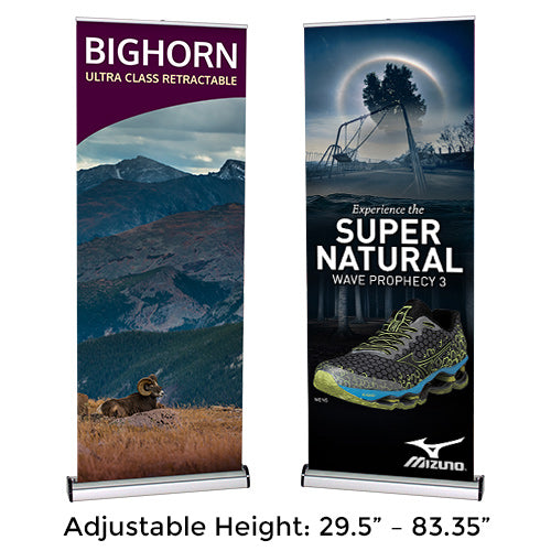 BIGHORN 31.5" Wide Premium Retractable Banner Stands | Single Sided | Adjusts in Height 29.5" to 83.35" with Telescopic pole and Premium Grip Rail