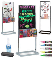 Dry / Wet Erase Double Pedestal Floorstand Sign Holders, Black and Whiteboards