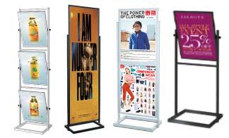 One Tier Tilted Poster Display Sign Stand in Black and Silver