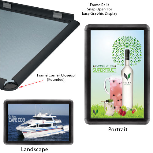 24 x 36 Snap Frame with Rounded Corners can be Wall Mounted in Portrait or Landscape Position