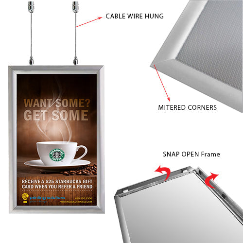 2-Sided Ceiling Mount, Fast Change 11x17 Snap Frame 1" Wide in Silver Finish