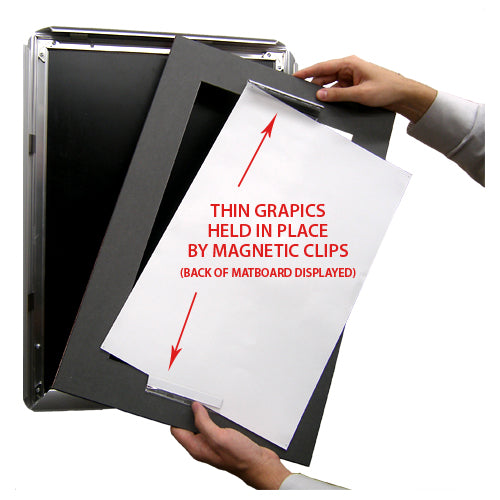 MAGNETIC CLAMPS ON BACK of 2" MATBOARD HOLD 11" x 17" POSTERS IN SNAP FRAME