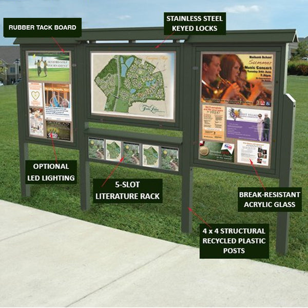 3-IN-ROW Kiosk ECO-Design Outdoor Freestanding Information Message Boards with Literature Rack