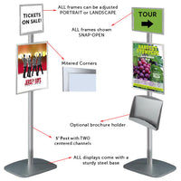 Both ONE-SIDED floor sign stands have 11x17" frames orientation positioned either in LANDSCAPE or PORTRAIT format.