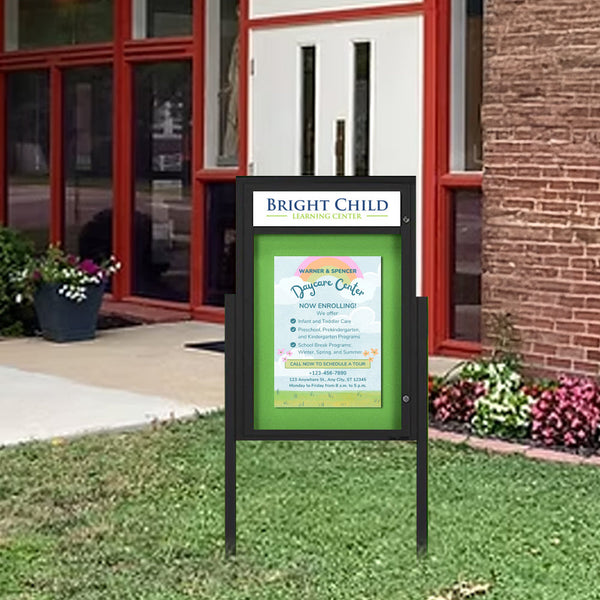 Outdoor Enclosed Poster Cases with Personalized Message Header | Shown In Black Frame