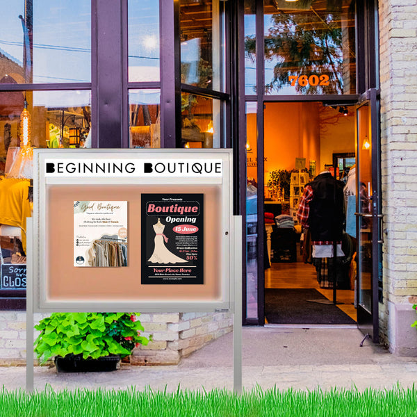 Weather Resistant Outdoor Enclosed Poster Case Display Cases with Personalized Message Header and LED Light | Shown In Silver Frame Finish