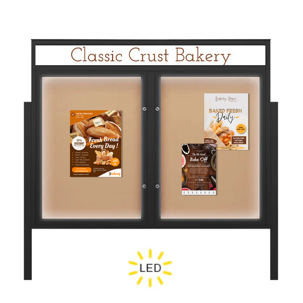 Free-Standing EXTREME WeatherPlus™ Enclosed Outdoor Poster Cases with Message Header | Multiple Locking 2 and 3 Door Display Cases | LED Lights