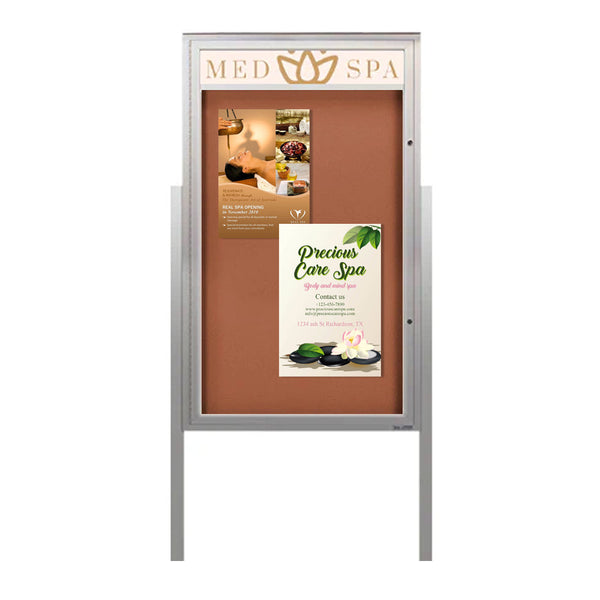 Free-Standing EXTREME WeatherPLUS™ Extra Large Outdoor Enclosed Poster Cases with Posts and Personalized Message Header | Single Locking Door 15+ Sizes