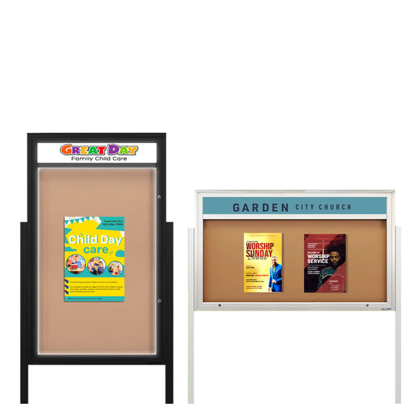 Free-Standing EXTREME WeatherPLUS™ Extra Large Outdoor Enclosed Poster Cases with Personalized Header + LED LIGHTS | Landscape or Portrait Orientation Available