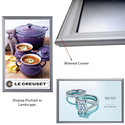 Modern Style Silver 24 x 36 Snap Frame can be Mounted in Portrait or Landscape Position