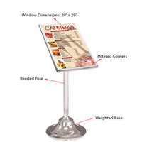 ULTRA-LUXURY Tilted Menu Sign Stand Display is Solid Polished Stainless Steel with a Polished Mirror Finish. Viewing Window Displays 20" Wide x 29" High