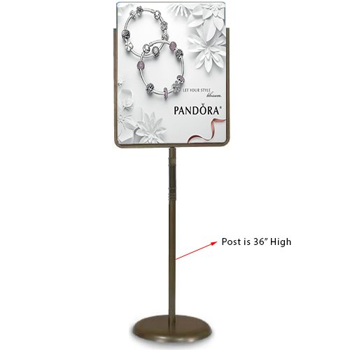 22 x 28 Poster Pedestal Literature Holder Floorstand in a Bronze Finish. Perfect for any INDOOR use in your restaurant, mall, lobby, office building, school, etc..
