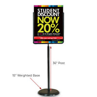 24 x 36 Poster Pedestal Literature Holder Floorstand in a Black Finish. Perfect for any INDOOR use in your restaurant, mall, lobby, office building, school, etc. 
