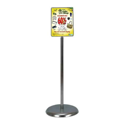 7 x 11 Poster Pedestal Literature Holder Floorstand in a Silver Chrome Finish. Perfect for any INDOOR use in your restaurant, mall, lobby, office building, school, etc.