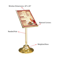 ULTRA-LUXURY Tilted Menu Sign Stand Display is Solid Brass with a Polished Mirror Finish. Viewing Window Displays 20" Wide x 29" High
