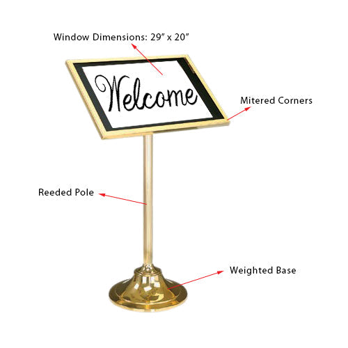ULTRA-LUXURY Tilted Menu Sign Stand Display is Solid Brass with a Polished Mirror Finish. Viewing Window Displays 29" Wide x 20" High