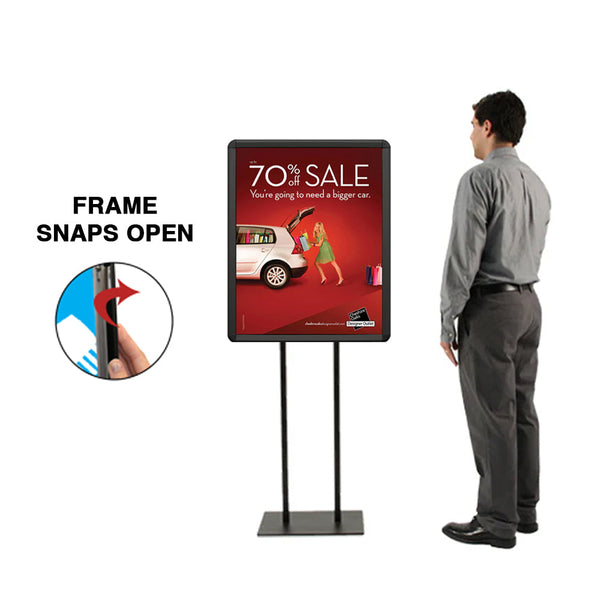 Double Pole Floor Stand 27x40 Sign Holder | Snap Frame (with Radius Corners)