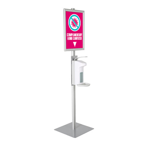 Hand Sanitizer Floor Stand on Post with 11 x 17 Snap Frame Sign Holder and Holds 33.8oz Dispenser