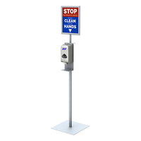 8.5x11 Pedestal Sign Holder with Hand Sanitizer Rack | Fast Changing Slide-In Frame Design