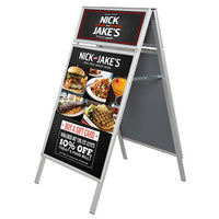  A-Frame Sandwich Board with Personalized Header and Snap open frame fits 22x28 poster size (Shown in Silver)